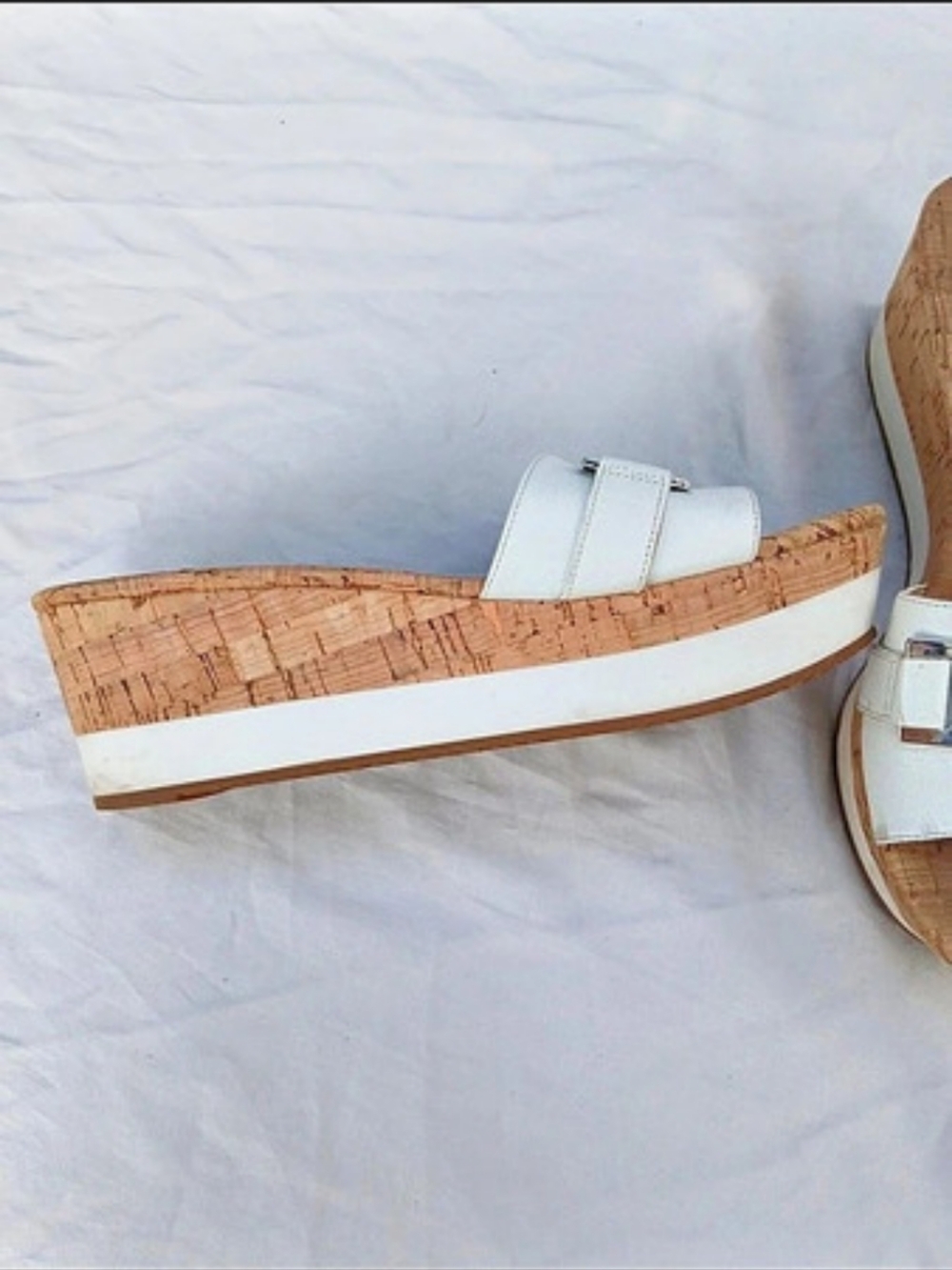 Michael Kors Warren Platform Cork Wedge Slide Sandal White & Brown - Picture 3 of 5